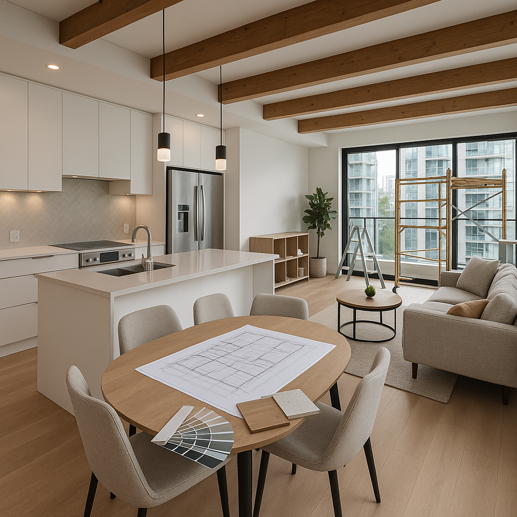 a  modern Vancouver condo interior completed renovation The space is brightly lit showcasing an openconcept layout that merges the kitchen dining and living areas seamlessly Exposed beams add character while large windows invite natu