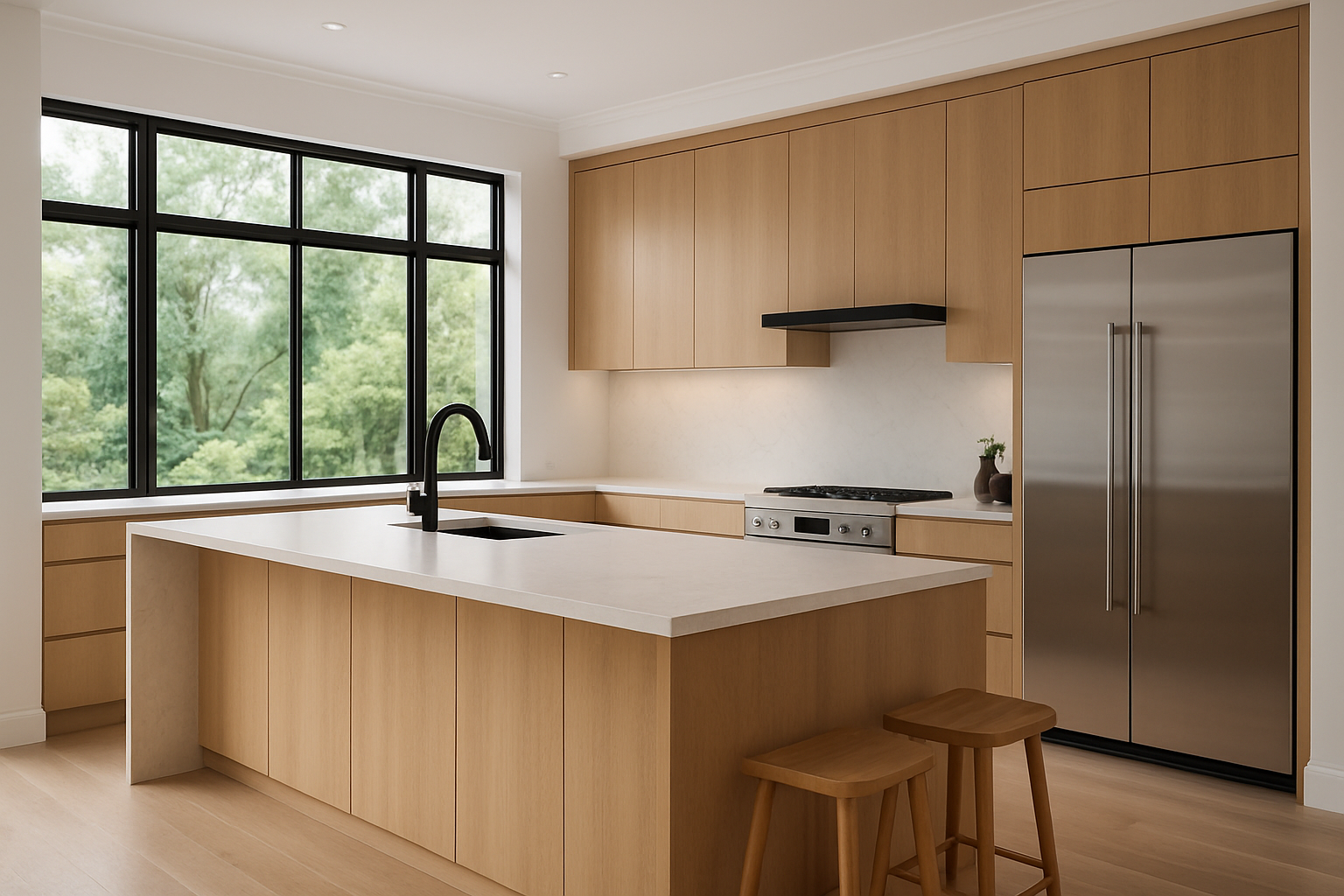 A professional architectural interior photo of a high-end Vancouver kitchen renovation, 2026 design trends. Features a massive white oak island with a seamless porcelain slab countertop, integrated Sub-Zero appliances, and minimalist matte black fixtures. Large windows in the background show a soft-focus view of a lush green Pacific Northwest garden. Bright, airy, "quiet luxury" aesthetic, ultra-realistic, 8k resolution, high ceilings, soft overcast natural light.
